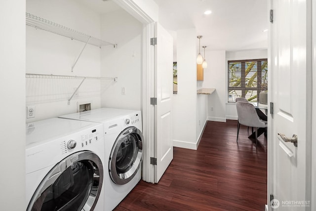 clothes washing area with recessed lighting, laundry area, separate washer and dryer, baseboards, and dark wood finished floors