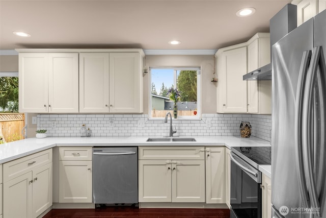 kitchen featuring light countertops, decorative backsplash, white cabinets, stainless steel appliances, and a sink