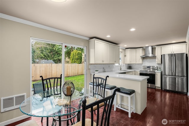 kitchen featuring a sink, stainless steel appliances, a peninsula, wall chimney range hood, and decorative backsplash