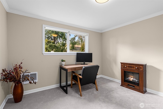 office with baseboards, carpet floors, and ornamental molding