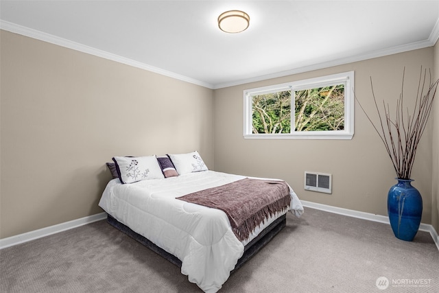 carpeted bedroom with baseboards and ornamental molding