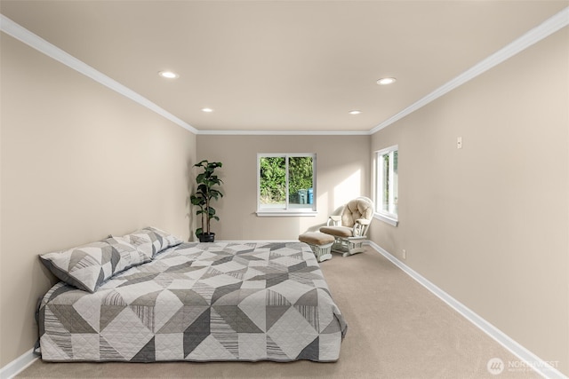 carpeted bedroom with recessed lighting, baseboards, and ornamental molding