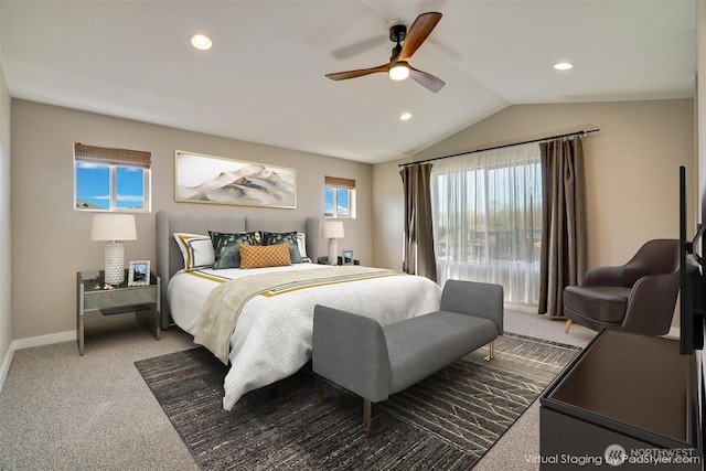 carpeted bedroom with lofted ceiling, recessed lighting, baseboards, and ceiling fan