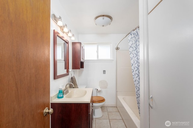 full bathroom with vanity, tile patterned floors, shower / bath combo with shower curtain, and toilet