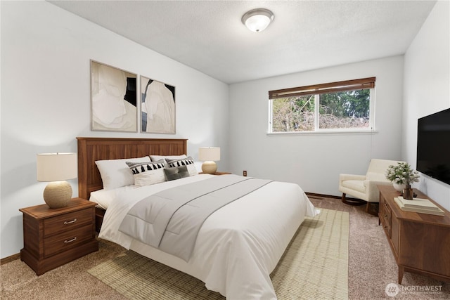 bedroom with baseboards, a textured ceiling, and light colored carpet