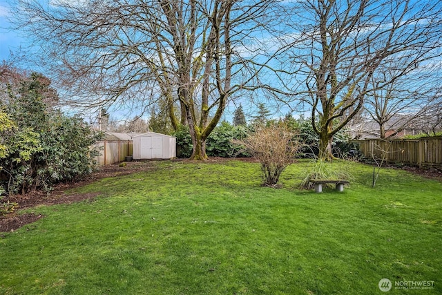 view of yard with a fenced backyard, a storage unit, and an outdoor structure