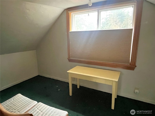 additional living space featuring dark carpet, baseboards, and vaulted ceiling