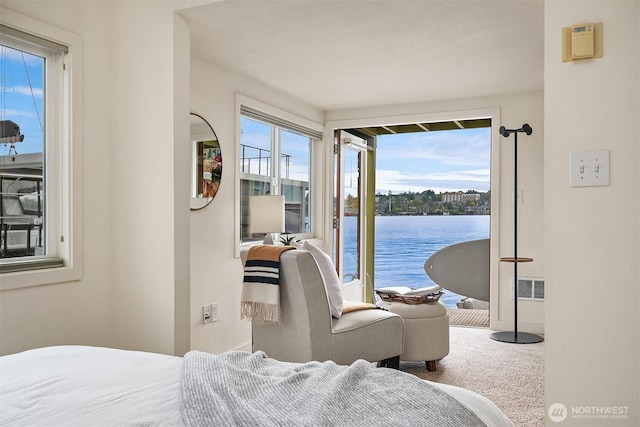 bedroom with access to outside and carpet flooring