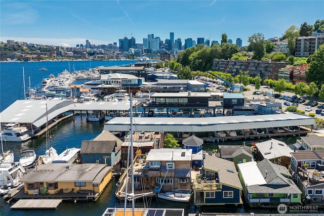 drone / aerial view featuring a view of city and a water view