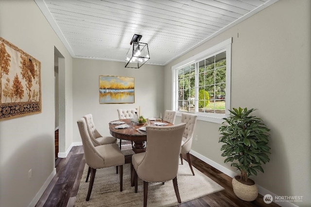 dining area featuring wood finished floors, wood ceiling, baseboards, and ornamental molding