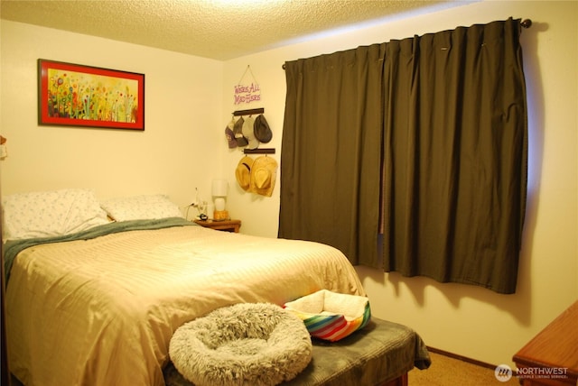 bedroom with a textured ceiling and carpet floors