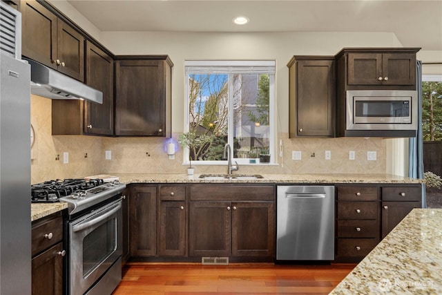 kitchen with wood finished floors, visible vents, a sink, under cabinet range hood, and appliances with stainless steel finishes