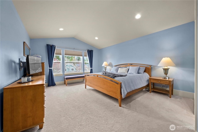 carpeted bedroom featuring recessed lighting, baseboards, and vaulted ceiling