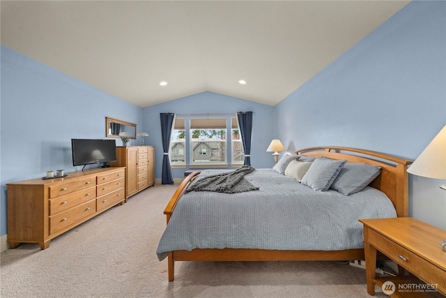 bedroom featuring light carpet, recessed lighting, and lofted ceiling