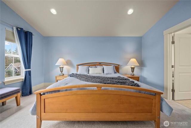 bedroom with recessed lighting and carpet