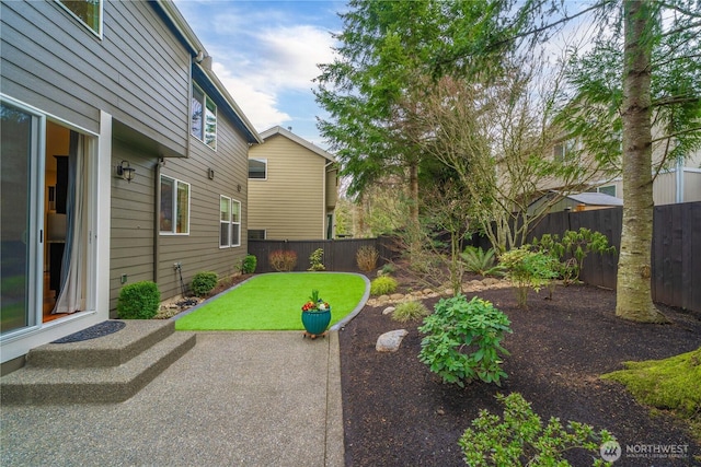 view of yard featuring a patio area and a fenced backyard