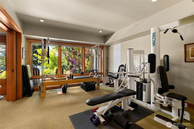 gym featuring light colored carpet