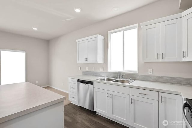 kitchen featuring a sink, white cabinetry, stainless steel dishwasher, and light countertops