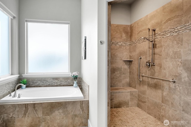 full bath featuring a tile shower and a bath