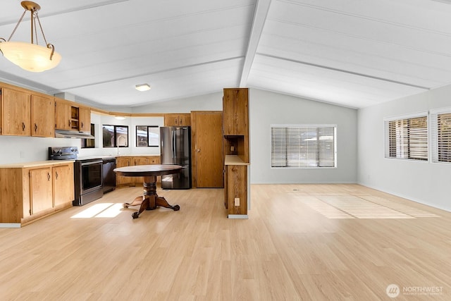 kitchen featuring dishwasher, refrigerator, stainless steel range with electric stovetop, lofted ceiling with beams, and decorative light fixtures