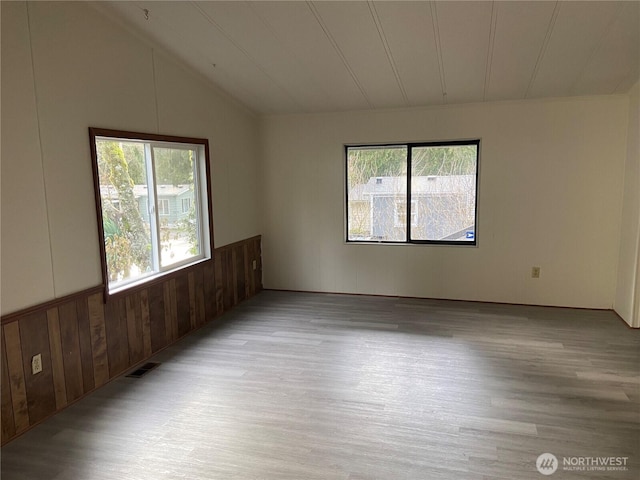 spare room with vaulted ceiling, a healthy amount of sunlight, and light hardwood / wood-style flooring