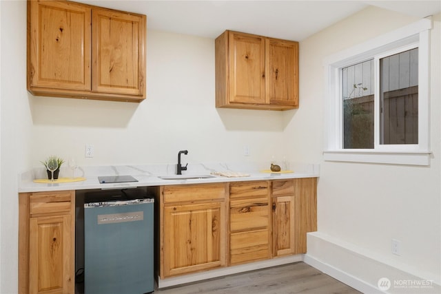 kitchen with dishwashing machine, a sink, light countertops, and light wood-style floors