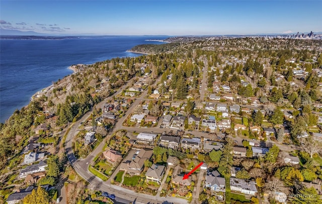 aerial view featuring a water view