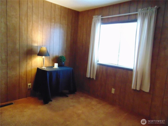 interior space featuring carpet floors and wooden walls