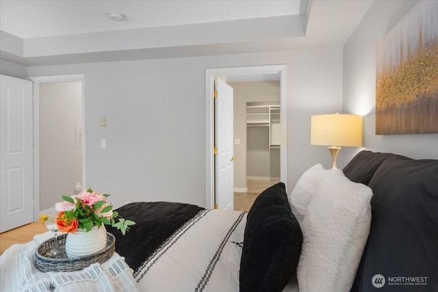 bedroom with a spacious closet and baseboards