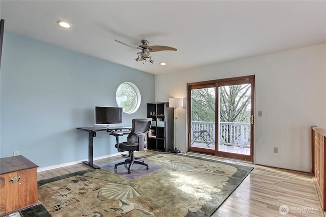 home office with baseboards, recessed lighting, ceiling fan, and wood finished floors