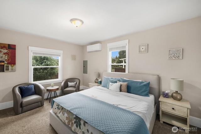 bedroom with a wall unit AC, light carpet, baseboards, and multiple windows