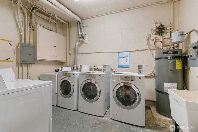 laundry room with washing machine and dryer, electric panel, secured water heater, and a sink