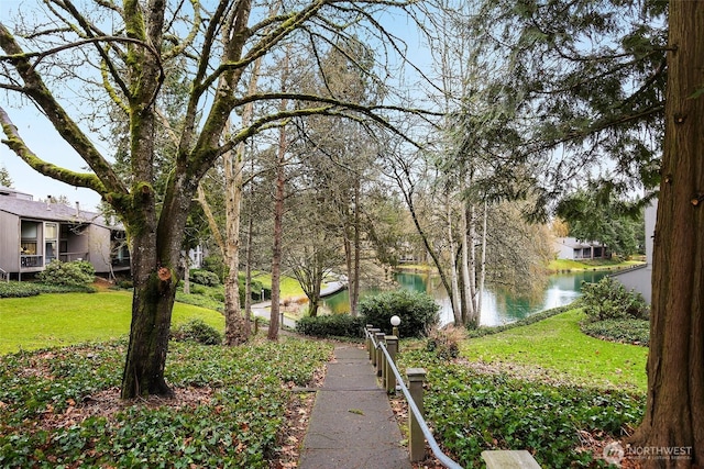 view of property's community with a water view and a lawn