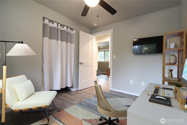 office with hardwood / wood-style flooring and ceiling fan