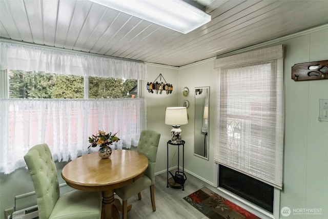 dining space with wood ceiling and light hardwood / wood-style floors