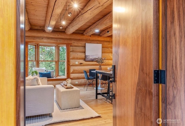 living area with wood ceiling, beam ceiling, and light wood finished floors