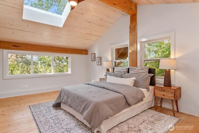 bedroom with light wood-type flooring, wooden ceiling, vaulted ceiling with skylight, and baseboards