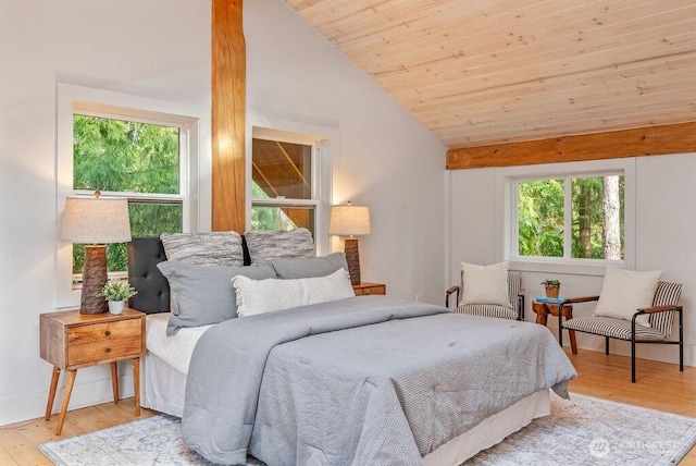 bedroom featuring wooden ceiling, light wood-style flooring, and vaulted ceiling