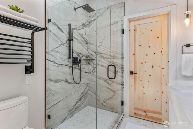 bathroom featuring toilet and a marble finish shower