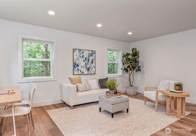 living area featuring baseboards, wood finished floors, and recessed lighting