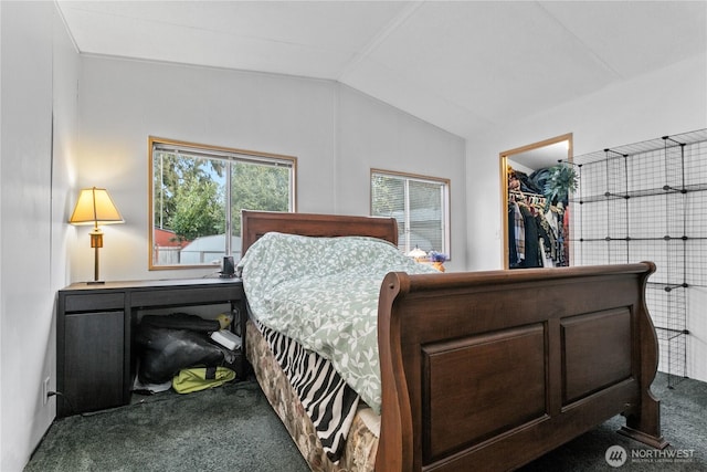 carpeted bedroom with vaulted ceiling