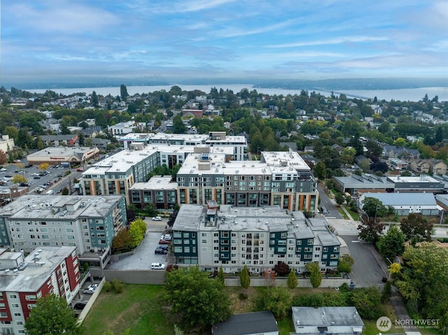 bird's eye view with a water view