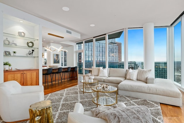 living room featuring expansive windows, a healthy amount of sunlight, and wood-type flooring