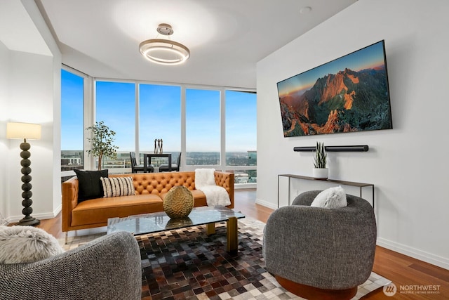 living room with expansive windows and hardwood / wood-style floors