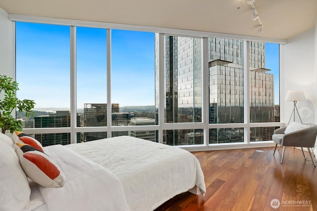 bedroom with expansive windows, wood-type flooring, and track lighting