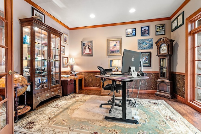 office with a wainscoted wall, ornamental molding, wood finished floors, and recessed lighting