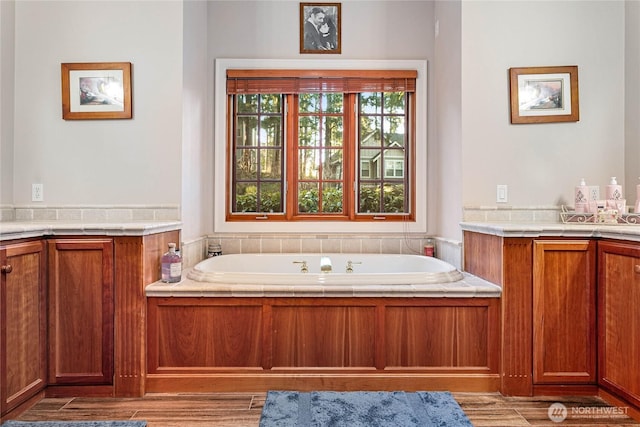 bathroom with wood finished floors, vanity, and a bath