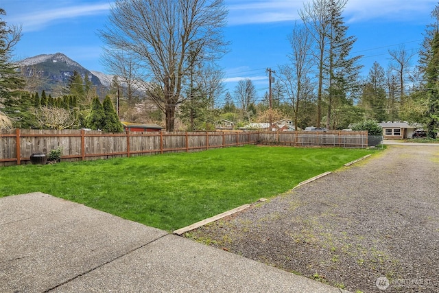 view of yard with a mountain view and fence private yard