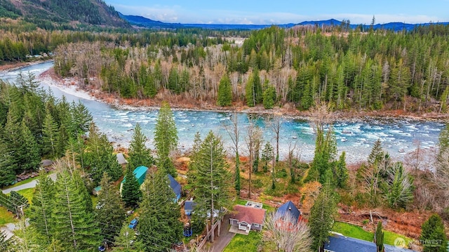 bird's eye view with a water and mountain view and a wooded view