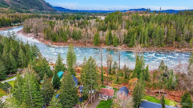 birds eye view of property with a water and mountain view and a wooded view